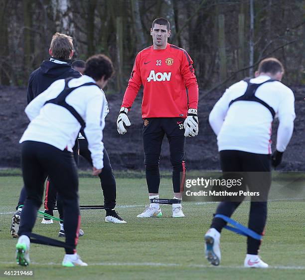 Victor Valdes of Manchester United squad in action during a first team training session at Aon Training Complex on January 9, 2015 in Manchester,...