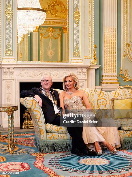 Businessman and founder of Phones4U John Caudwell is photographed with his wife Claire Johnson for the Sunday Times magazine on April 7, 2014 in...