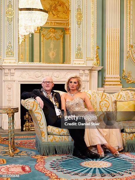 Businessman and founder of Phones4U John Caudwell is photographed with his wife Claire Johnson for the Sunday Times magazine on April 7, 2014 in...