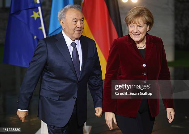 German Chancellor Angela Merkel welcomes Kazakh President Nursultan Nazarbayev for talks at the Chancellery on January 9, 2015 in Berlin, Germany....