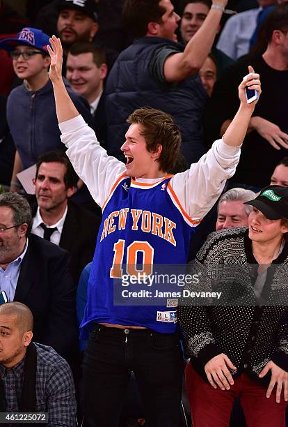 Ansel Elgort attends the Houston Rockets vs New York Knicks game at Madison Square Garden on January 8, 2015 in New York City.