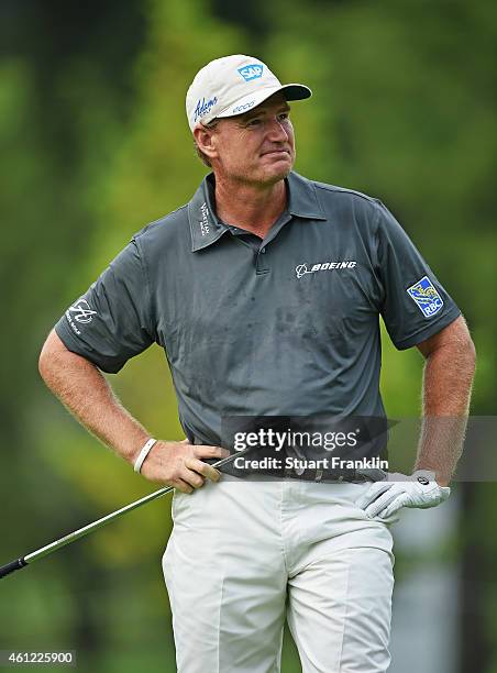 Ernie Els of South Africa reacts to a shot during the second round of the South African Open at Glendower Golf Club on January 9, 2015 in...