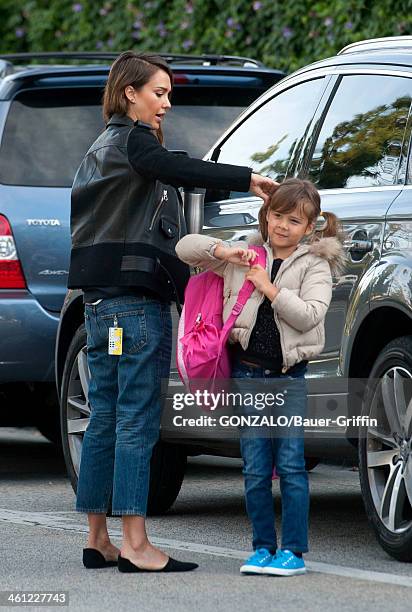 Jessica Alba is seen with her daughter, Honor Warren, as she stops by her office in Santa Monica on January 07, 2014 in Los Angeles, California.