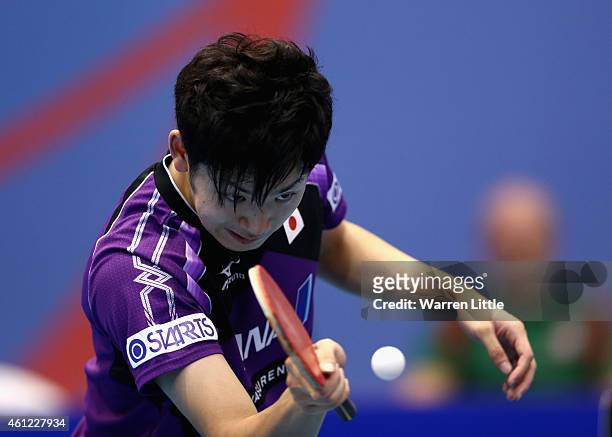 Yuto Muramatsu of Japan in action during the quarter final match against Marcos Freitas of Portugal on day two of the 2015 ITTF World Team Cup at Al...