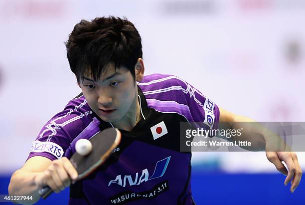 Yuto Muramatsu of Japan in action during the quarter final match against Marcos Freitas of Portugal on day two of the 2015 ITTF World Team Cup at Al...