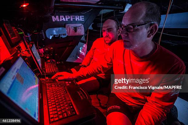 In this handout image provided by the Volvo Ocean Race, onboard MAPFRE. Jean Luc Nelias and Xabi Fernandez waiting for the next sked during Leg 3...