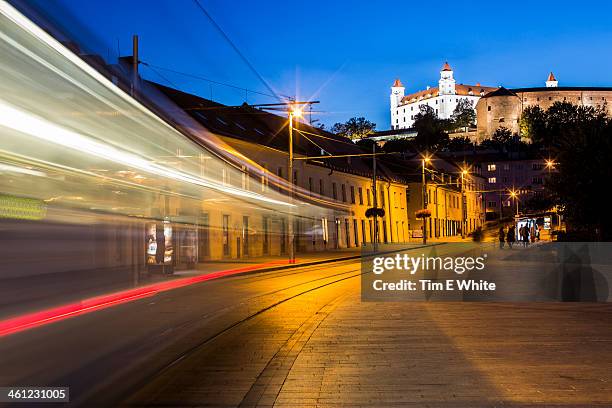 tram in motion at dusk, bratislava, slovakia - bratislava bildbanksfoton och bilder