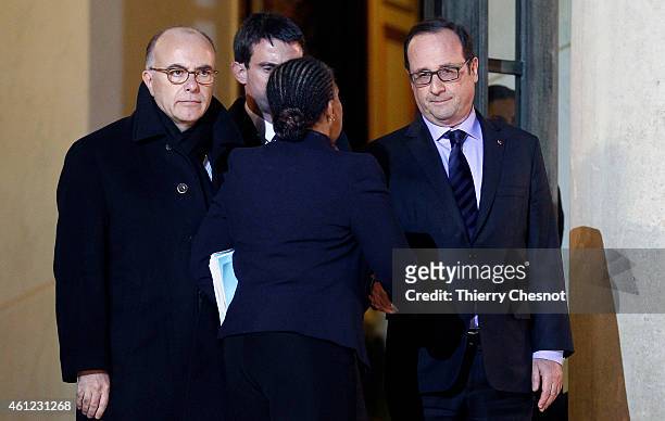 French president Francois Hollande says goodbye to French Justice minister Christiane Taubira , French Interior minister Bernard Cazeneuve and French...