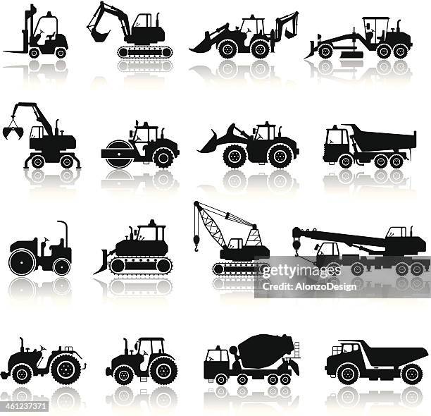 ilustraciones, imágenes clip art, dibujos animados e iconos de stock de conjunto de iconos de construcción de la máquina - equipos agrícolas
