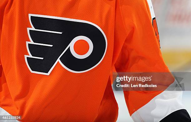 View of the jersey logo of the Philadelphia Flyers during warm-ups prior to a game against the Ottawa Senators on January 6, 2015 at the Wells Fargo...