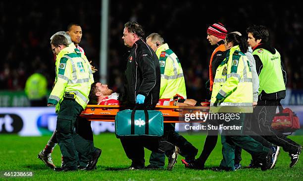 Ben Morgan of Gloucester is stretchered off with an injury during the Aviva Premiership match between Gloucester Rugby and Saracens at Kingsholm...