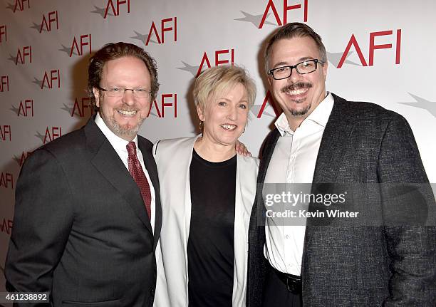 President and CEO of AFI Bob Gazzale, Holly Rice and writer-producer Vince Gilligan attend the 15th Annual AFI Awards at Four Seasons Hotel Los...