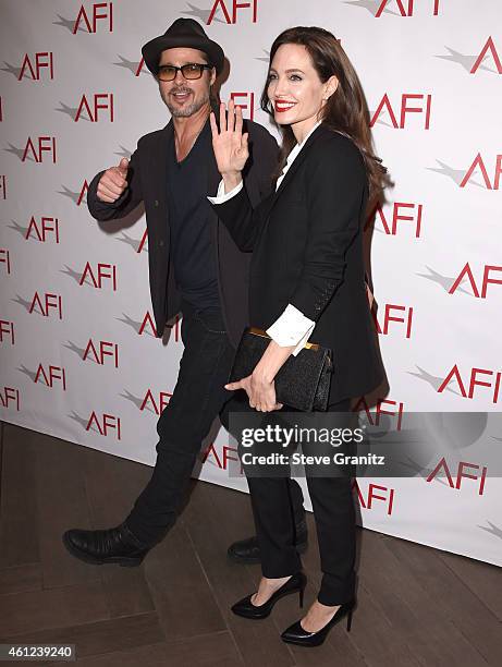 Brad Pitt and Angelina Jolie arrives at the 15th Annual AFI Awards at Four Seasons Hotel Los Angeles at Beverly Hills on January 9, 2015 in Beverly...