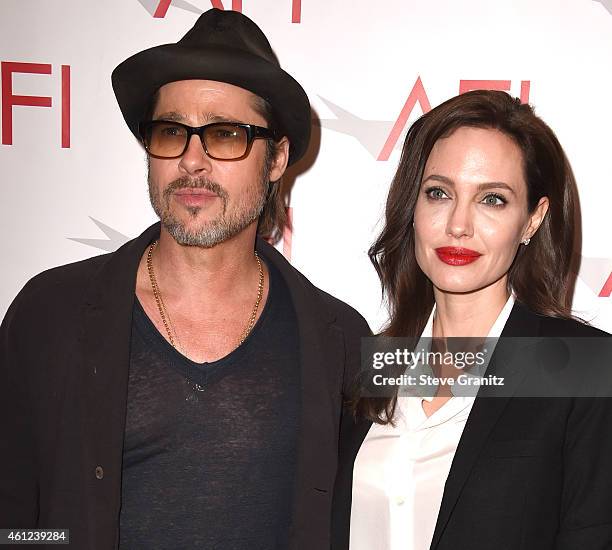 Brad Pitt and Angelina Jolie arrives at the 15th Annual AFI Awards at Four Seasons Hotel Los Angeles at Beverly Hills on January 9, 2015 in Beverly...