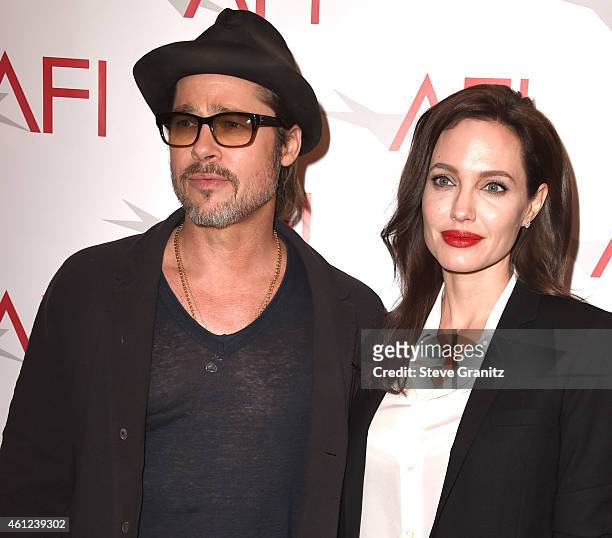 Brad Pitt and Angelina Jolie arrives at the 15th Annual AFI Awards at Four Seasons Hotel Los Angeles at Beverly Hills on January 9, 2015 in Beverly...
