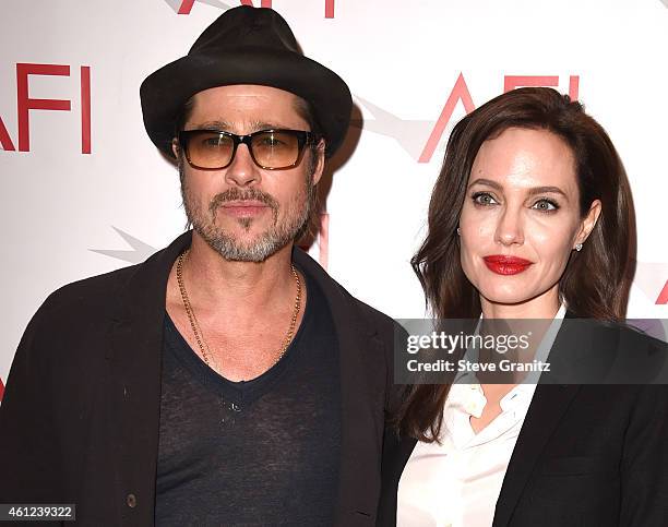 Brad Pitt and Angelina Jolie arrives at the 15th Annual AFI Awards at Four Seasons Hotel Los Angeles at Beverly Hills on January 9, 2015 in Beverly...