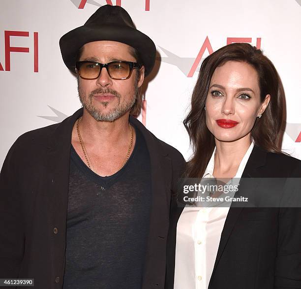 Brad Pitt and Angelina Jolie arrives at the 15th Annual AFI Awards at Four Seasons Hotel Los Angeles at Beverly Hills on January 9, 2015 in Beverly...