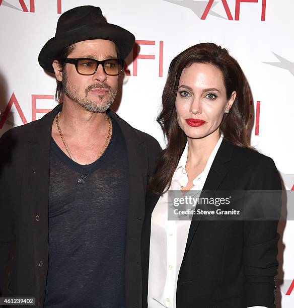 Brad Pitt and Angelina Jolie arrives at the 15th Annual AFI Awards at Four Seasons Hotel Los Angeles at Beverly Hills on January 9, 2015 in Beverly...