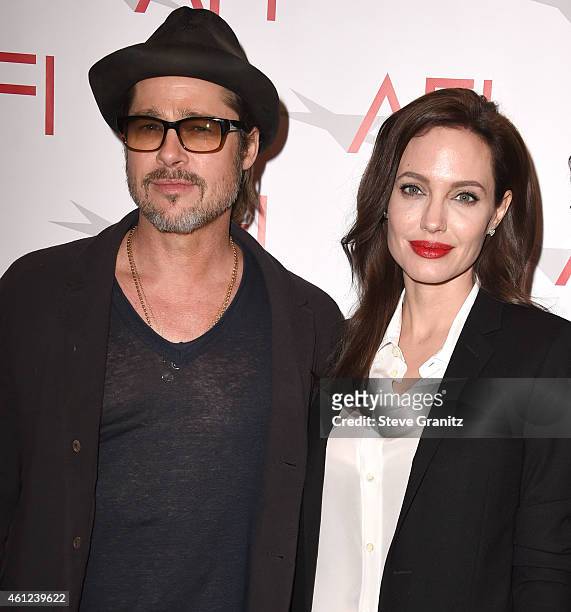 Brad Pitt and Angelina Jolie arrives at the 15th Annual AFI Awards at Four Seasons Hotel Los Angeles at Beverly Hills on January 9, 2015 in Beverly...