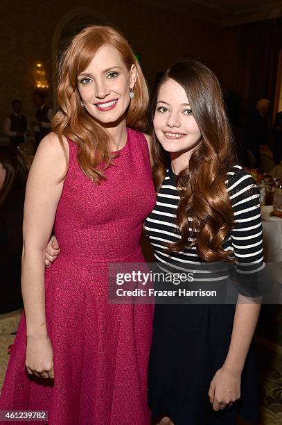 Actors Jessica Chastain and Mackenzie Foy attend the 15th Annual AFI Awards Luncheon at Four Seasons Hotel Los Angeles at Beverly Hills on January 9,...