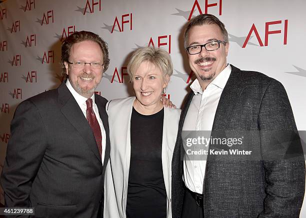 President and CEO of AFI Bob Gazzale, Holly Rice and writer-producer Vince Gilligan attend the 15th Annual AFI Awards at Four Seasons Hotel Los...