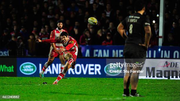 James Hook of Gloucester kicks the winning penalty with the last kick of the game during the Aviva Premiership match between Gloucester Rugby and...