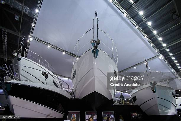 The stand of the luxury British yacht manufacturer Sunseeker at the London Boat Show at ExCel on January 9, 2015 in London, England. Until the 18th...