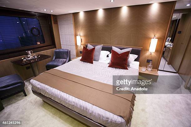 The bedroom of Princes 82 motor yacht at the London Boat Show at ExCel on January 9, 2015 in London, England. Until the 18th of January the London...