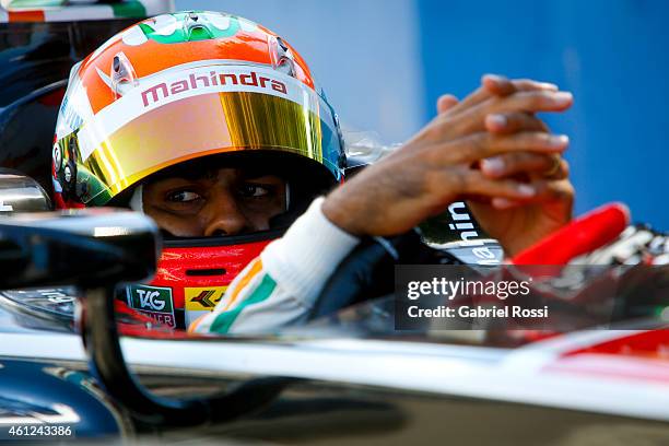 Karun Chandhok of India and Mahindra Racing Formula E Team is seen on his car while waiting for the second lap during the Formula E Cars Complete...