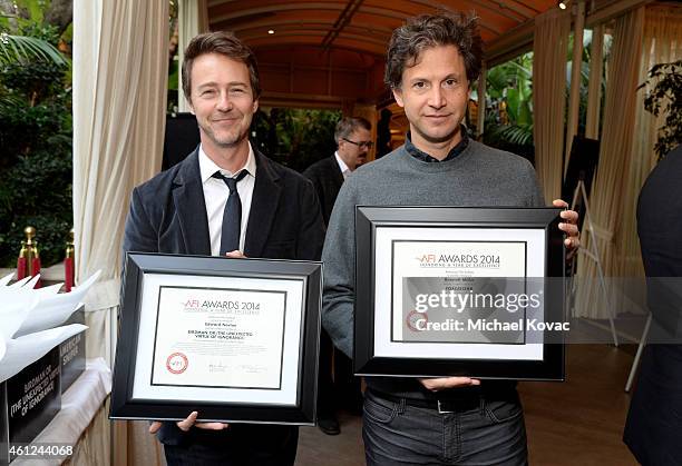 Actor Edward Norton and director Bennett Miller pose with awards at the 15th Annual AFI Awards Luncheon at Four Seasons Hotel Los Angeles at Beverly...