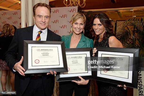 Actors Bradley Whitford, Melora Hardin and Amy Landecker pose with their awards at the 15th Annual AFI Awards Luncheon at Four Seasons Hotel Los...