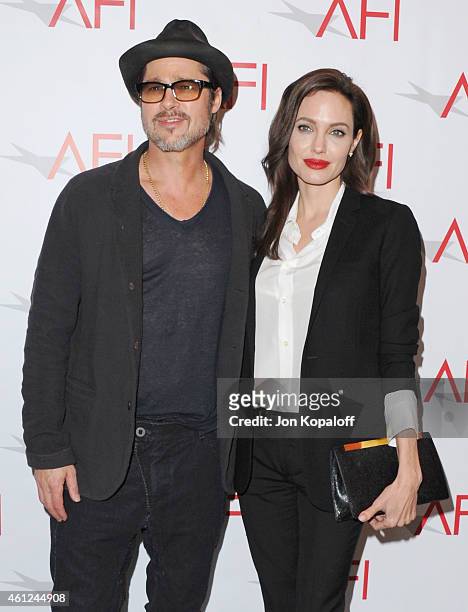 Brad Pitt and Angelina Jolie arrive at the 15th Annual AFI Awards at Four Seasons Hotel Los Angeles at Beverly Hills on January 9, 2015 in Beverly...