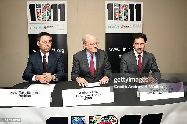 Barcelona President Josep Maria Bartomeu, UNICEF Executive Director Anthony Lake and ROTA Director Essa Al Mannai support the launch of '1 in 11', a...