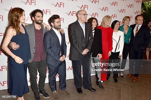 Actors Kathryn Hahn, Jay Duplass, guest, Jeffrey Tambor, Jill Soloway, Judith Light, Faith Soloway, Melora Hardin, and Bradley Whitford attend the...