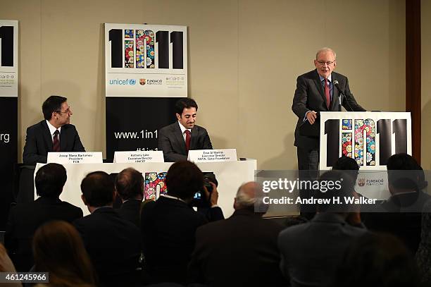 Barcelona President Josep Maria Bartomeu, ROTA Director Essa Al Mannai and UNICEF Executive Director Anthony Lake support the launch of '1 in 11', a...