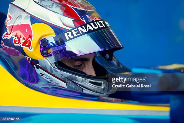 Sebastian Buemi of Switzerland and e.dams Renault Formula E Team waits at the pit lane for the second lap during the Formula E Cars Complete...