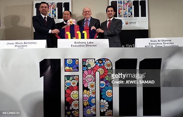 Barcelona President Josep Maria Bartomeu, artist Takashi Murak of Japan, UNICEF Executive Director Anthony Lake and Reach Out To Asia Director Essa...