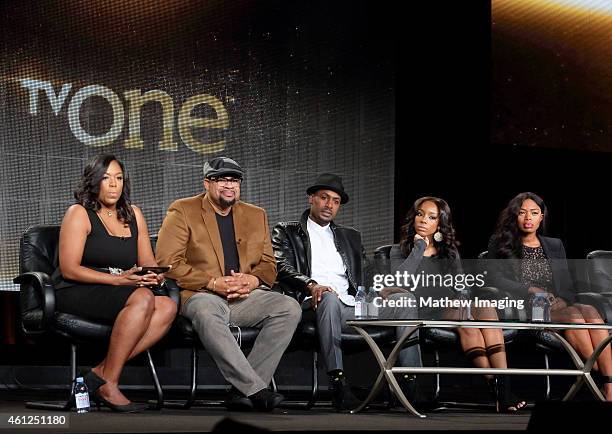 Angela Proctor, SVP Programming and Production, TV One, Writer/Director Russ Parr, actors Richard T. Jones, Jahnee Wallace and Jill Marie Jones speak...