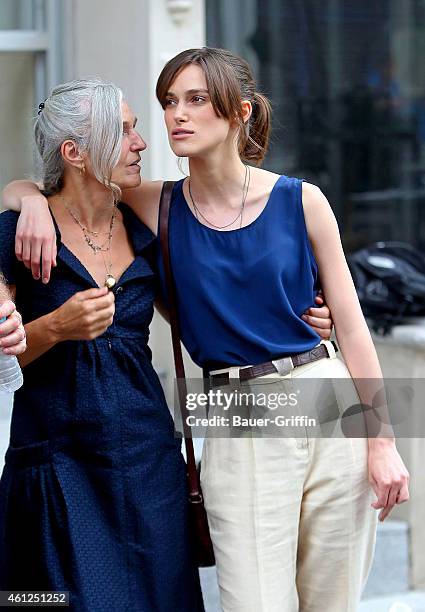 Keira Knightly and her mother Sharman Macdonald are seen on the movie set of 'Begin Again' on July 19, 2012 in New York City.