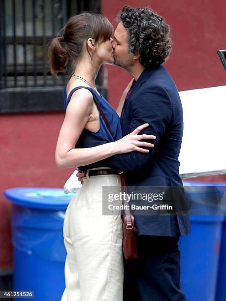 Keira Knightly and Mark Ruffalo are seen kissing on the movie set of 'Begin Again' on July 19, 2012 in New York City.