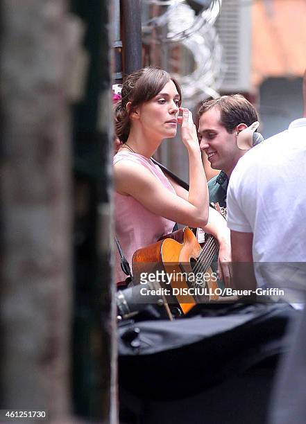 Keira Knightly is seen on the movie set of 'Begin Again' on July 23, 2012 in New York City.