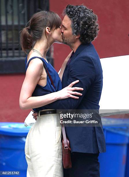 Keira Knightly and Mark Ruffalo are seen kissing on the movie set of 'Begin Again' on July 19, 2012 in New York City.