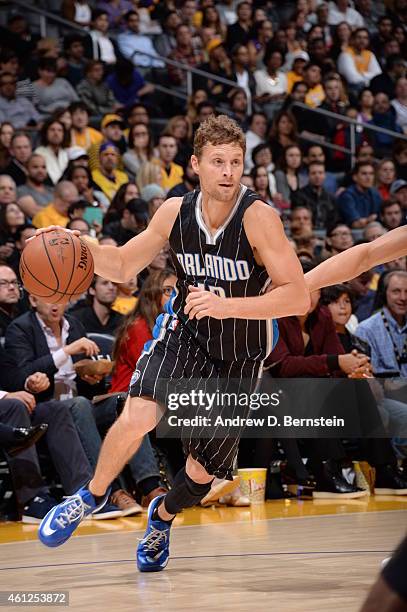 Luke Ridnour of the Orlando Magic handles the ball against the Los Angeles Lakers on January 9, 2015 at STAPLES Center in Los Angeles, California....