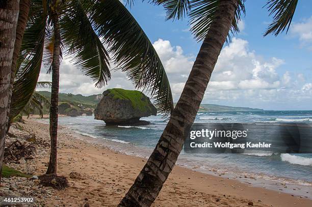 The Soup Bowl at Bathsheba, a beach with interesting rock formation formed by erosion on the east coast of Barbados, an island in the Caribbean.