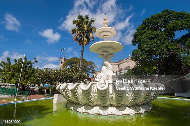 The Dolphin Fountain on the Trafalgar or National Heros Square in Bridgetown, the capital city of Barbados, an island in the Caribbean.