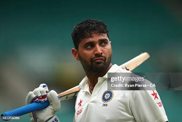 Murali Vijay of India looks dejected after being dismissed by Josh Hazlewood of Australia during day five of the Fourth Test match between Australia...