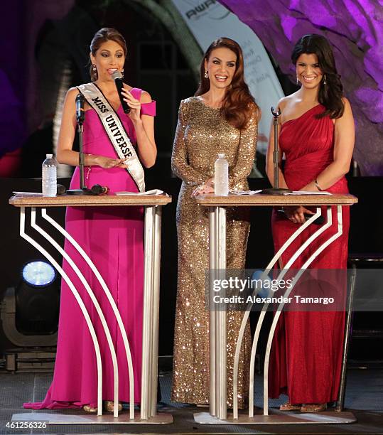 Gabriela Isler, Barbara Palacios and Roxanne Vargas attend Miss Universe Welcome Event and Reception at Downtown Doral Park on January 9, 2015 in...