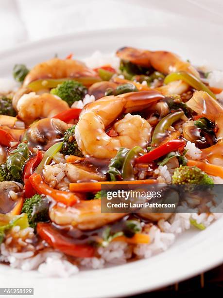 teriyaki shrimp rice bowl - teriyaki stock pictures, royalty-free photos & images