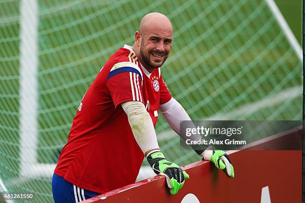 Pepe Reina pauses during day 2 of the Bayern Muenchen training camp at ASPIRE Academy for Sports Excellence on January 10, 2015 in Doha, Qatar.