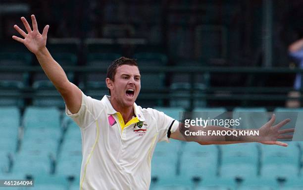 Josh Hazlewood appeals for LBW against India's Ravi Ashwin during the final day of the fourth Test between Australia and India at the Sydney Cricket...